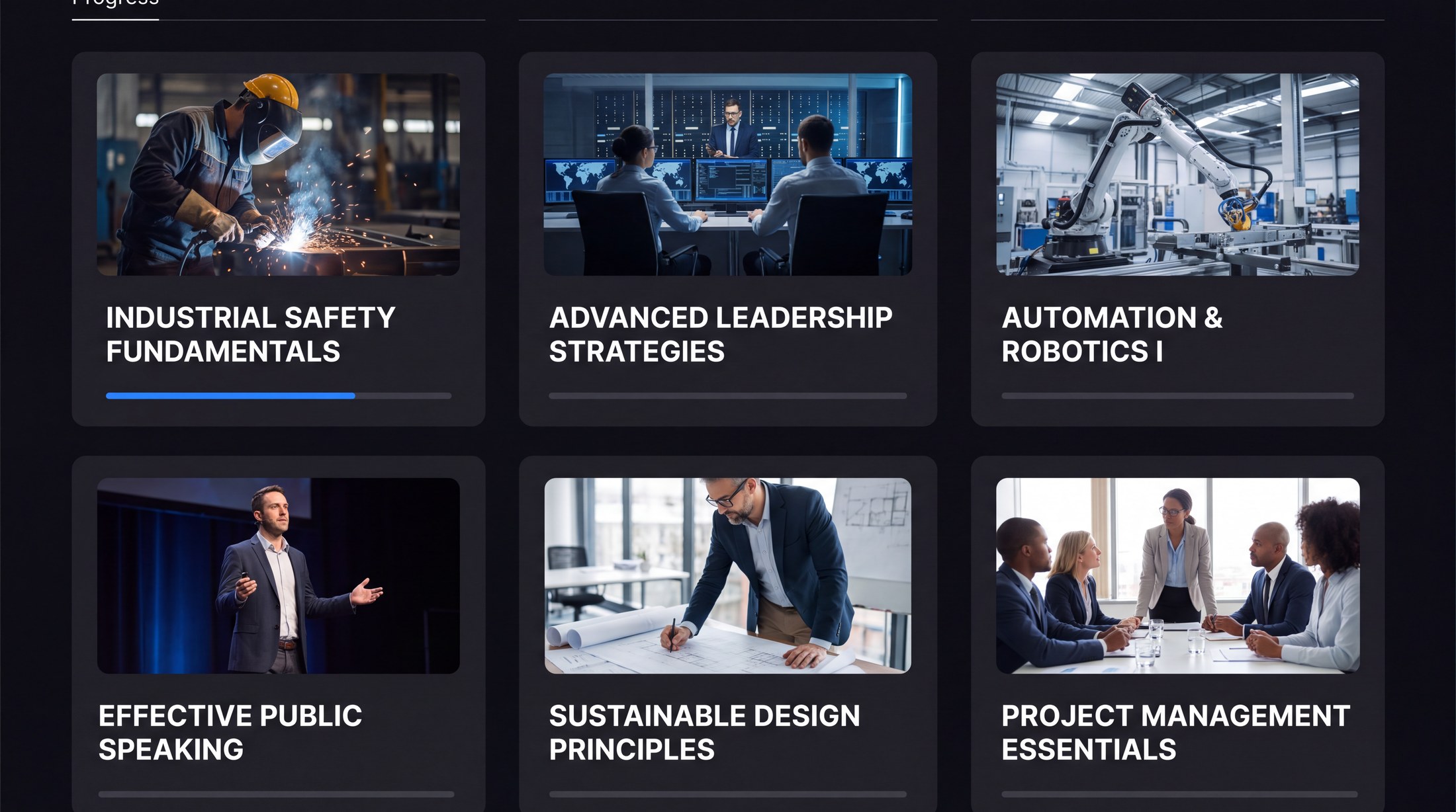 A branded academy home screen, its course cards each carrying cover art, a course title and a progress bar