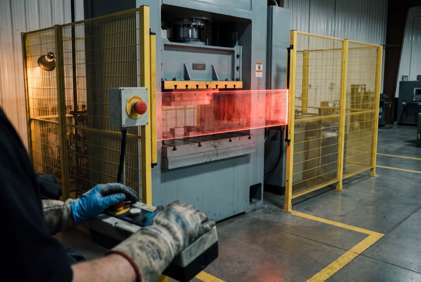 A gloved operator holding a two-hand control pendant outside the yellow mesh fence of a hydraulic press, a red light curtain crossing the die area