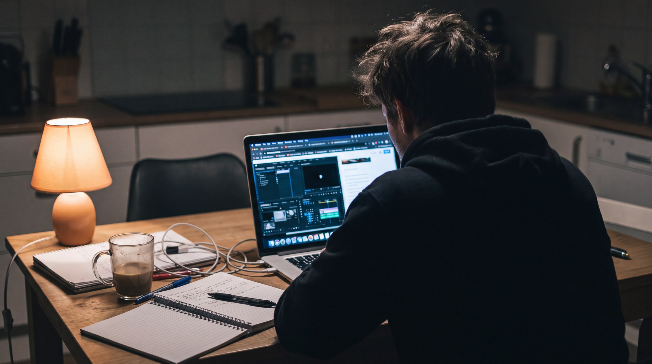 A course creator at a kitchen table late at night, editing a course on a laptop beside a notebook and a half-finished coffee